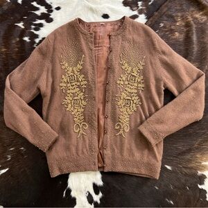 60s vintage Brown and gold beaded embroidered floral design vintage cardigan